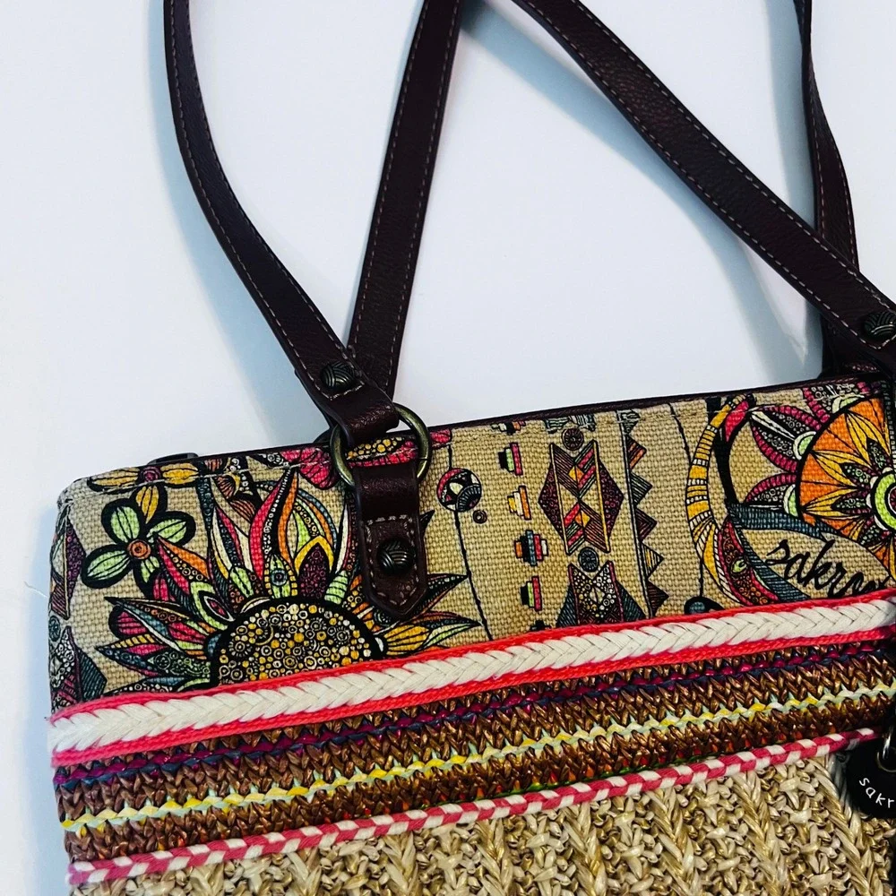 Sakroots Straw Satchel Bag Multicolor Print Tassels Boho Crossbody‎ Tote